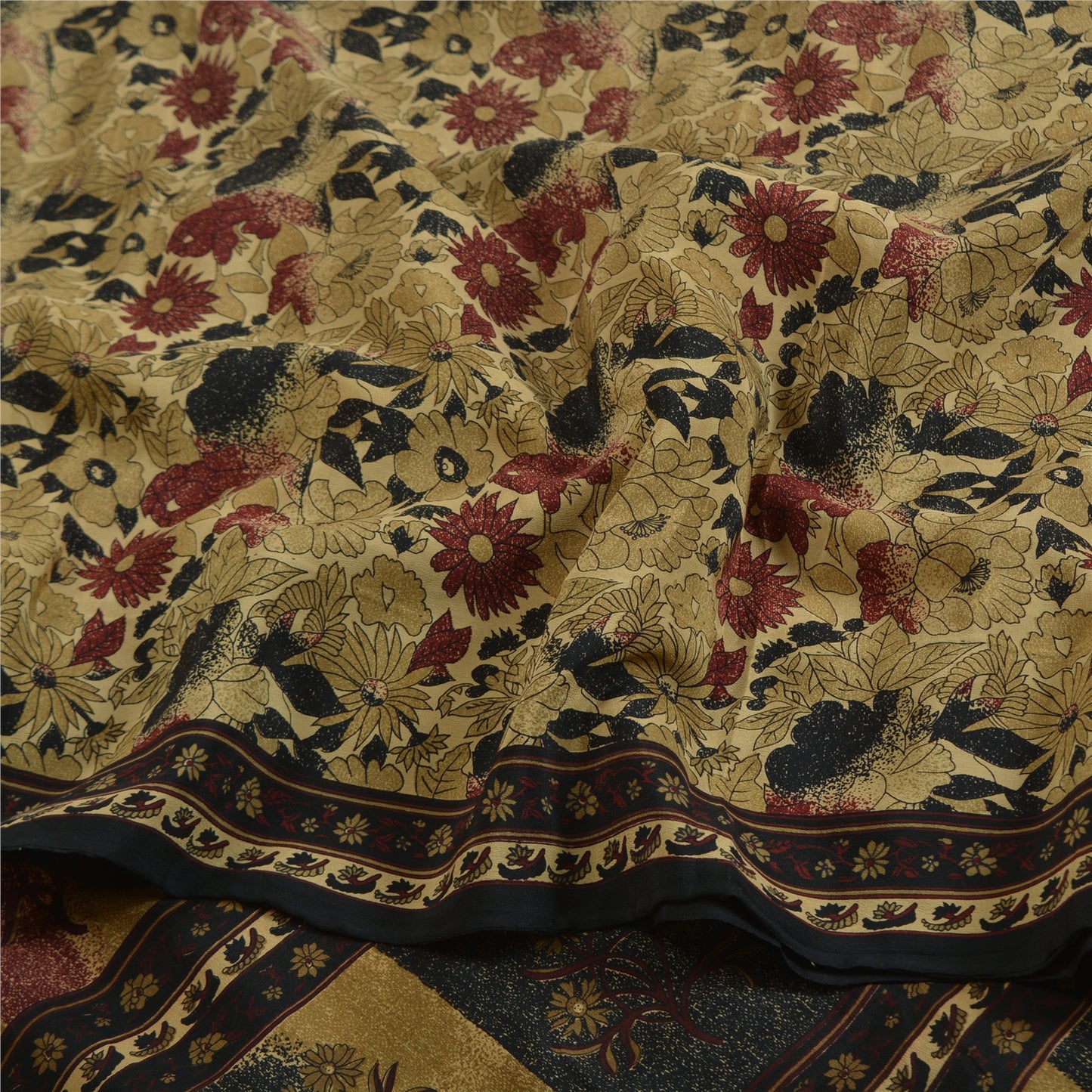 Sanskriti Vintage Sarees Indian Cream Pure Crepe Silk Printed Sari Craft Sustainable Fabric