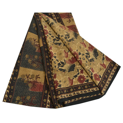Sanskriti Vintage Sarees Indian Cream Pure Crepe Silk Printed Sari Craft Sustainable Fabric