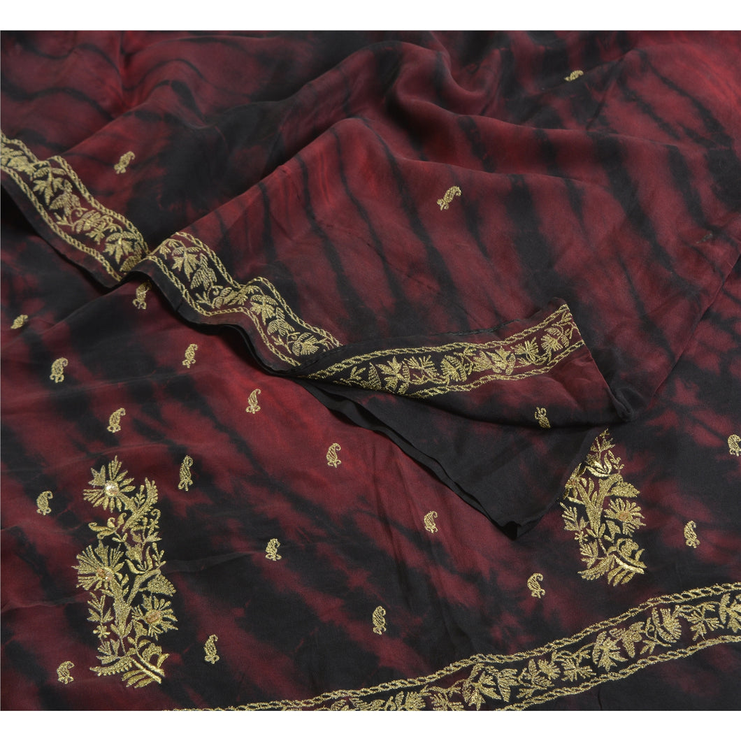 Sanskriti Vintage Sarees Black/Purple Tie-Dye Hand Beaded Pure Crepe Sari Fabric