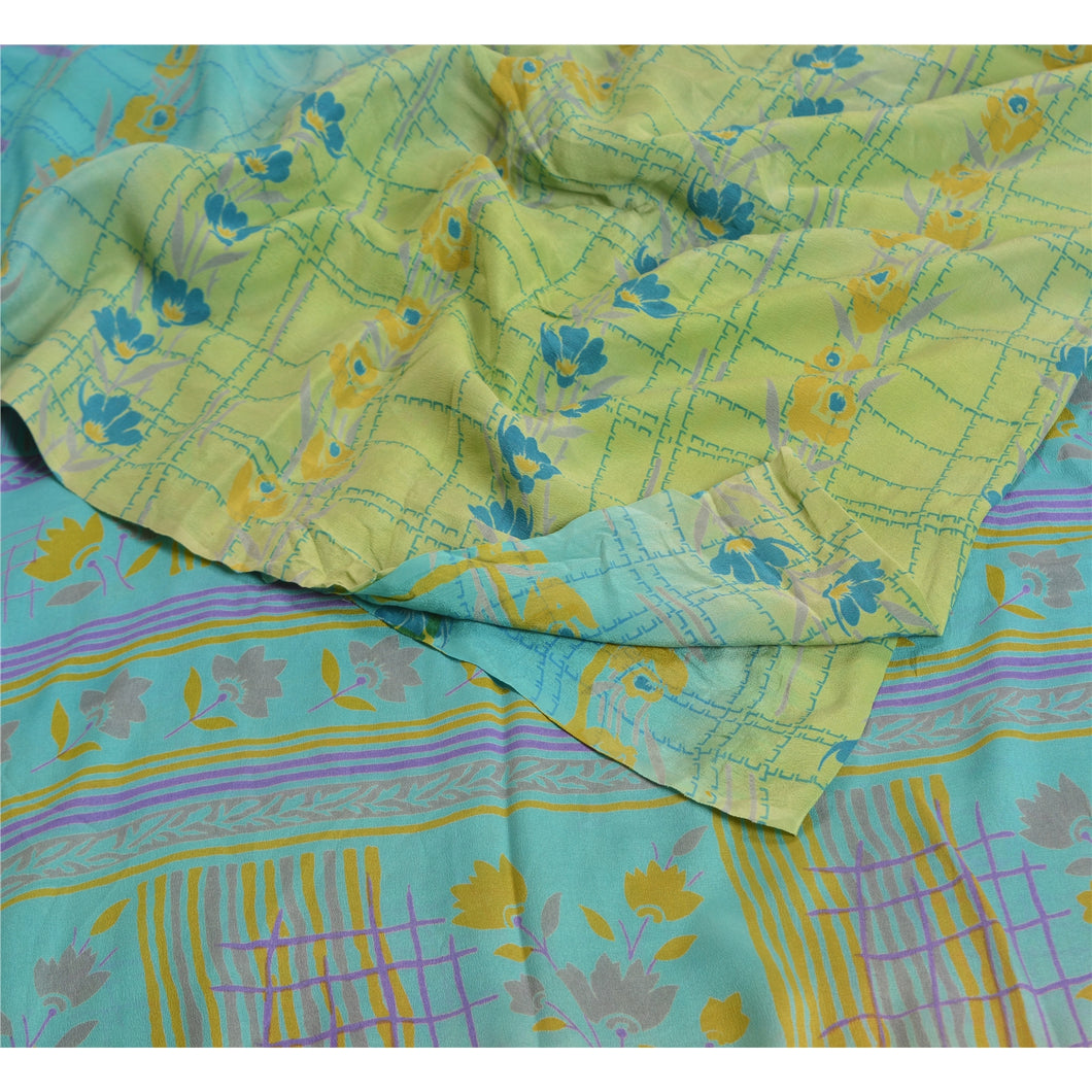 Sanskriti Vintage Sarees Blue/Green Pure Crepe Silk Printed Sari Craft Fabric