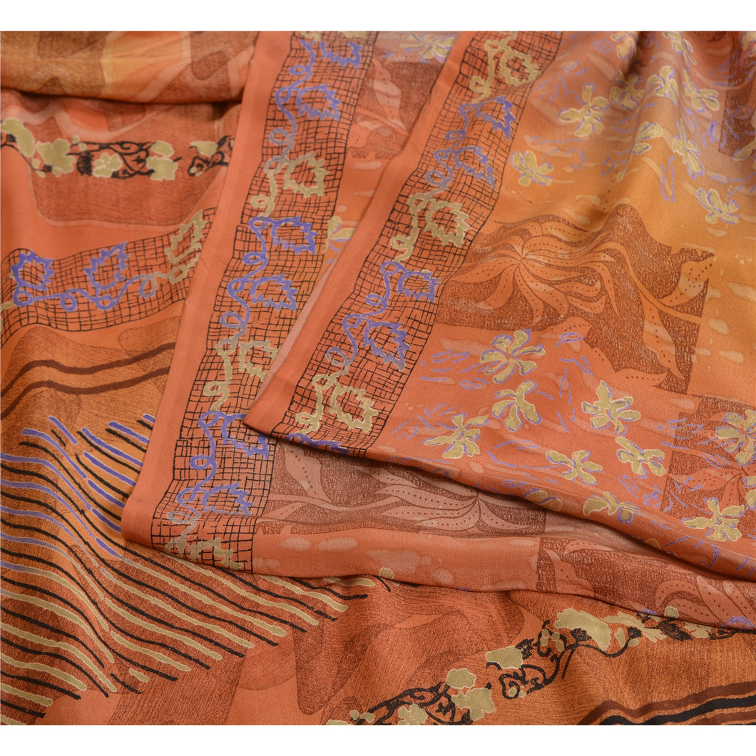 Sanskriti Vintage Sarees Indian Orange Pure Crepe Silk Printed Sari Craft Fabric