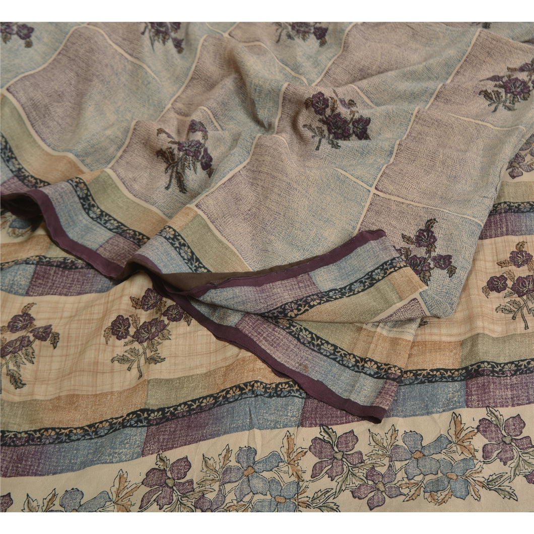 Sanskriti Vintage Sarees Pale-Cream Pure Crepe Silk Printed Sari Craft Fabric