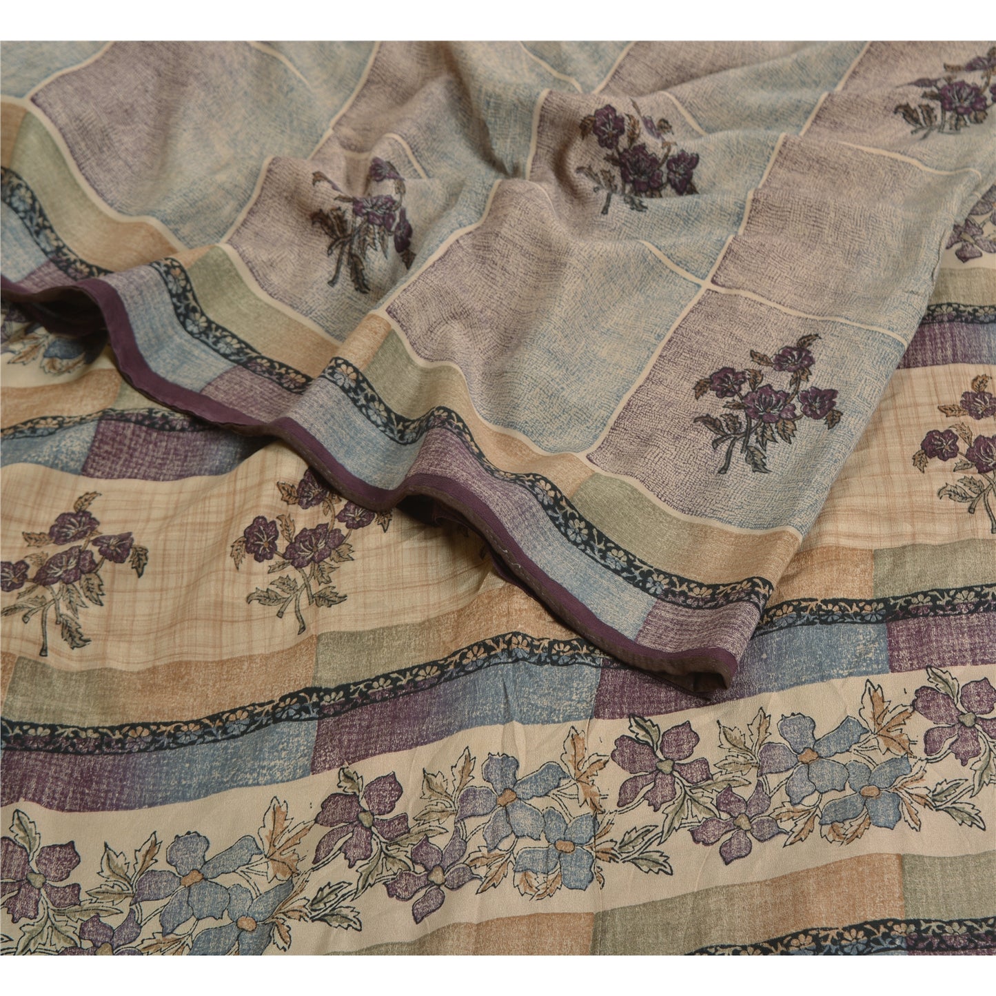 Sanskriti Vintage Sarees Pale-Cream Pure Crepe Silk Printed Sari Craft Sustainable Fabric