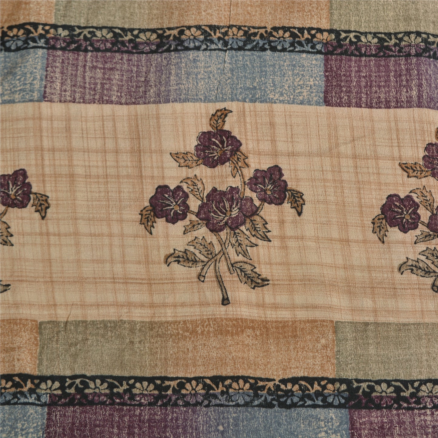 Sanskriti Vintage Sarees Pale-Cream Pure Crepe Silk Printed Sari Craft Sustainable Fabric