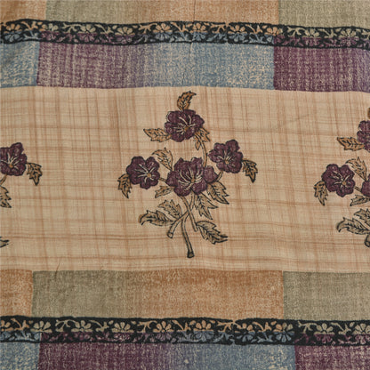 Sanskriti Vintage Sarees Pale-Cream Pure Crepe Silk Printed Sari Craft Sustainable Fabric