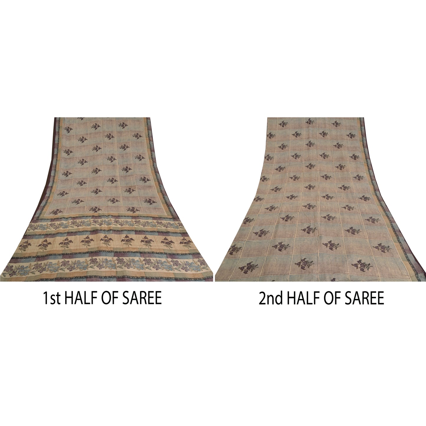 Sanskriti Vintage Sarees Pale-Cream Pure Crepe Silk Printed Sari Craft Sustainable Fabric