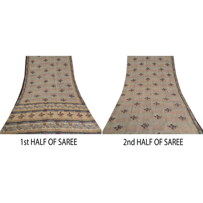 Sanskriti Vintage Sarees Pale-Cream Pure Crepe Silk Printed Sari Craft Sustainable Fabric