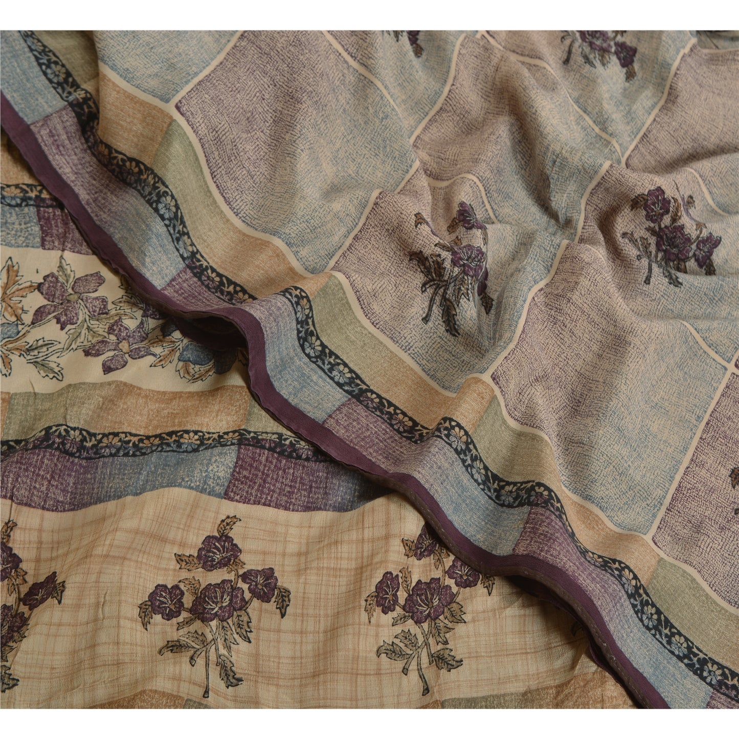 Sanskriti Vintage Sarees Pale-Cream Pure Crepe Silk Printed Sari Craft Sustainable Fabric