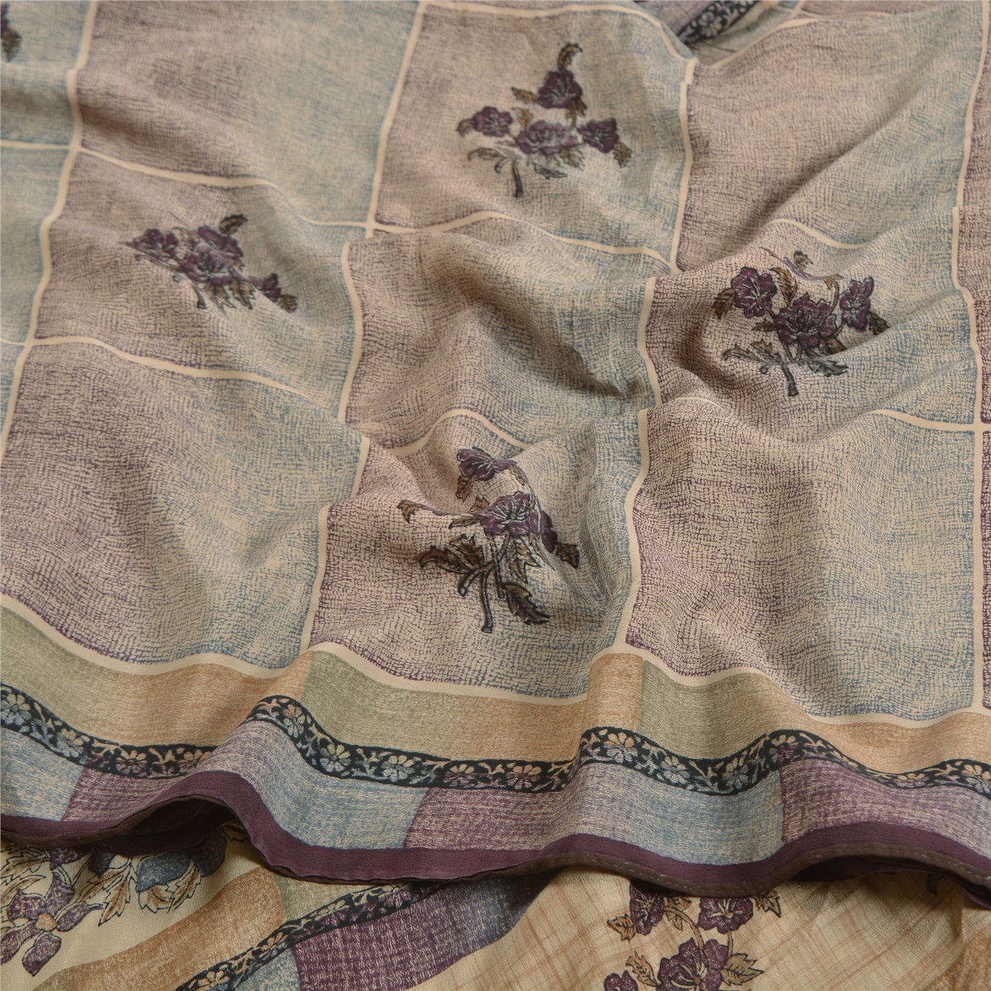 Sanskriti Vintage Sarees Pale-Cream Pure Crepe Silk Printed Sari Craft Sustainable Fabric