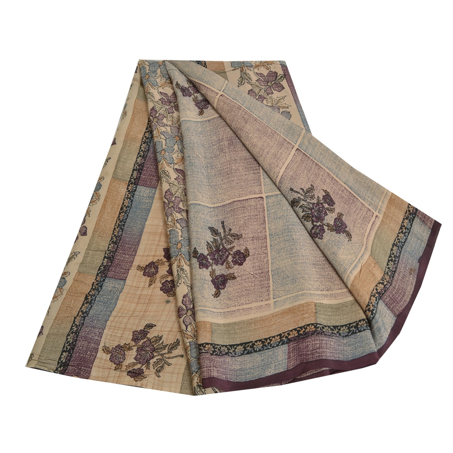 Sanskriti Vintage Sarees Pale-Cream Pure Crepe Silk Printed Sari Craft Sustainable Fabric