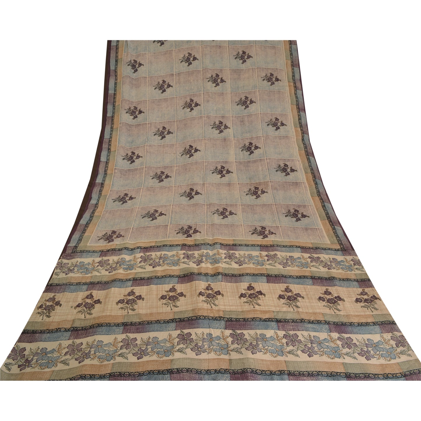 Sanskriti Vintage Sarees Pale-Cream Pure Crepe Silk Printed Sari Craft Sustainable Fabric