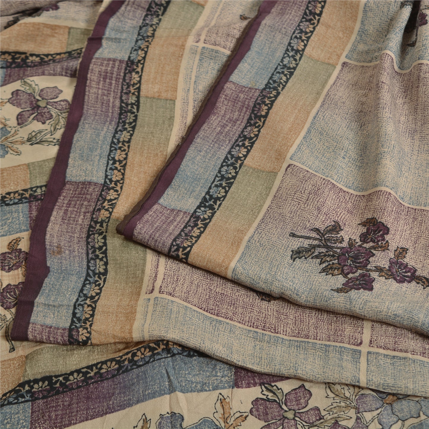 Sanskriti Vintage Sarees Pale-Cream Pure Crepe Silk Printed Sari Craft Sustainable Fabric