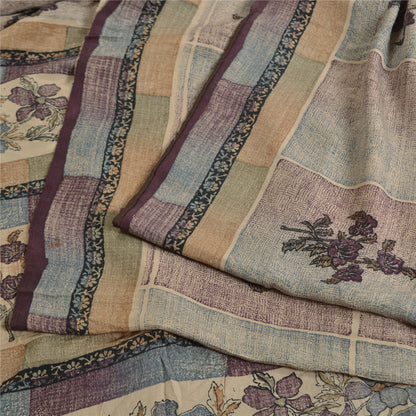 Sanskriti Vintage Sarees Pale-Cream Pure Crepe Silk Printed Sari Craft Sustainable Fabric