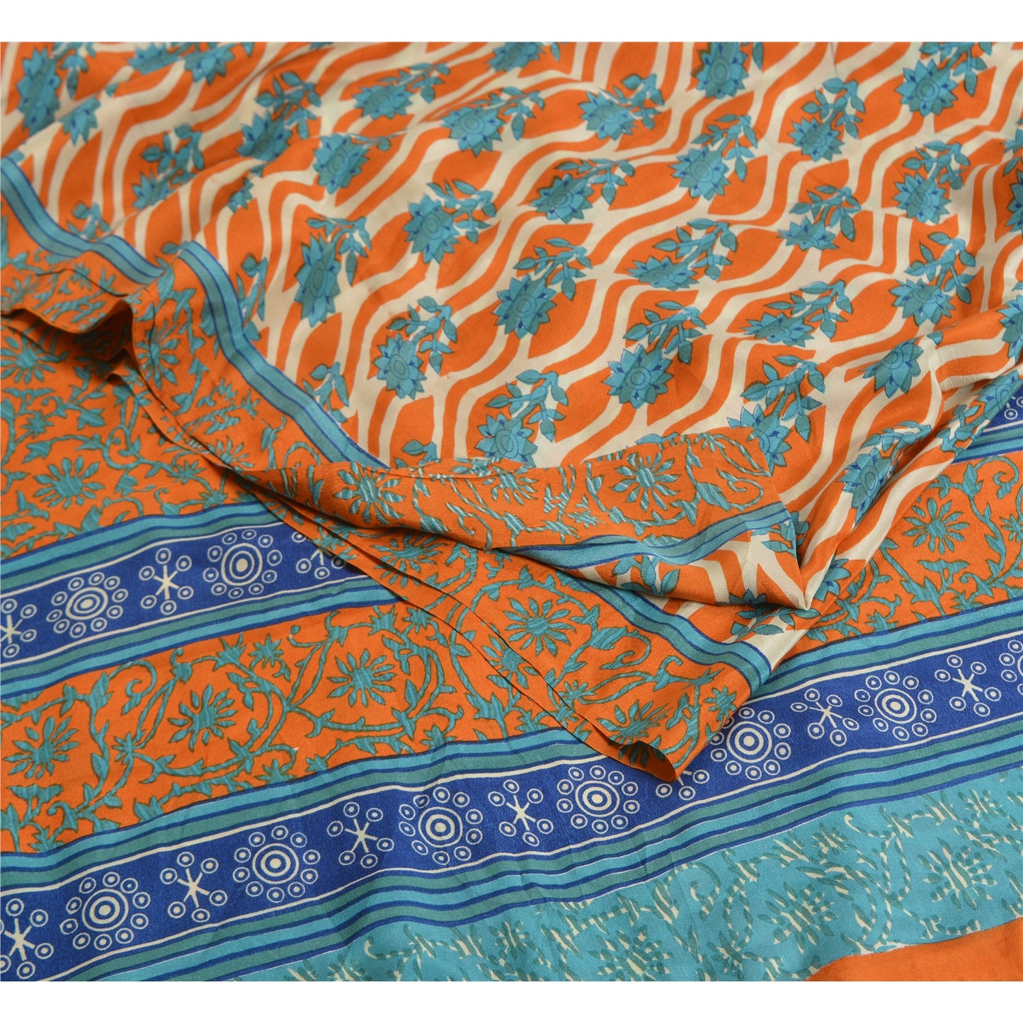 Sanskriti Vintage Sarees Orange/Blue Pure Crepe Silk Printed Sari Craft Sustainable Fabric