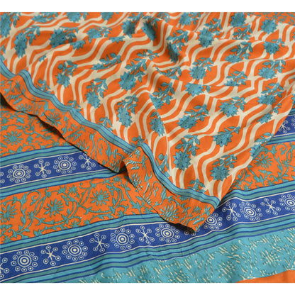 Sanskriti Vintage Sarees Orange/Blue Pure Crepe Silk Printed Sari Craft Sustainable Fabric