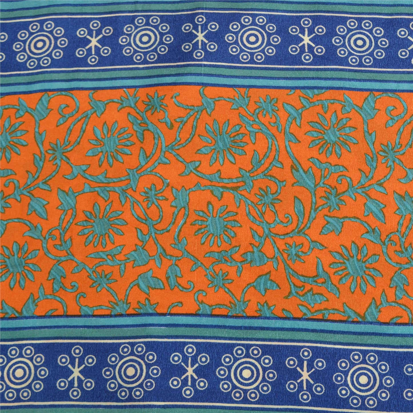 Sanskriti Vintage Sarees Orange/Blue Pure Crepe Silk Printed Sari Craft Sustainable Fabric