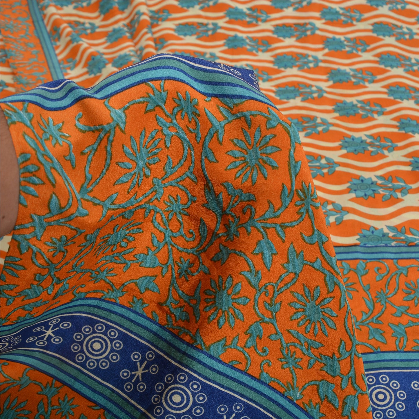 Sanskriti Vintage Sarees Orange/Blue Pure Crepe Silk Printed Sari Craft Sustainable Fabric