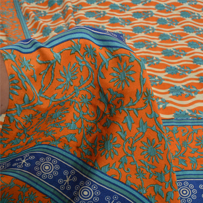 Sanskriti Vintage Sarees Orange/Blue Pure Crepe Silk Printed Sari Craft Sustainable Fabric