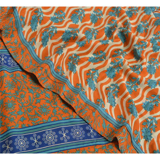 Sanskriti Vintage Sarees Orange/Blue Pure Crepe Silk Printed Sari Craft Sustainable Fabric