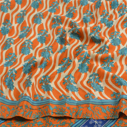 Sanskriti Vintage Sarees Orange/Blue Pure Crepe Silk Printed Sari Craft Sustainable Fabric