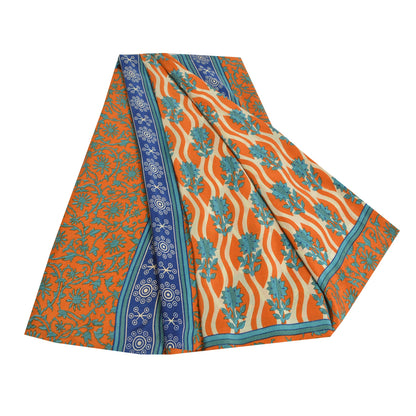 Sanskriti Vintage Sarees Orange/Blue Pure Crepe Silk Printed Sari Craft Sustainable Fabric