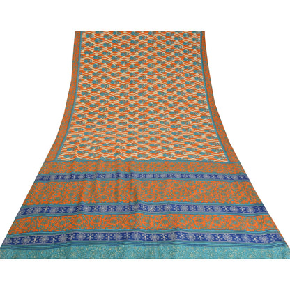 Sanskriti Vintage Sarees Orange/Blue Pure Crepe Silk Printed Sari Craft Sustainable Fabric