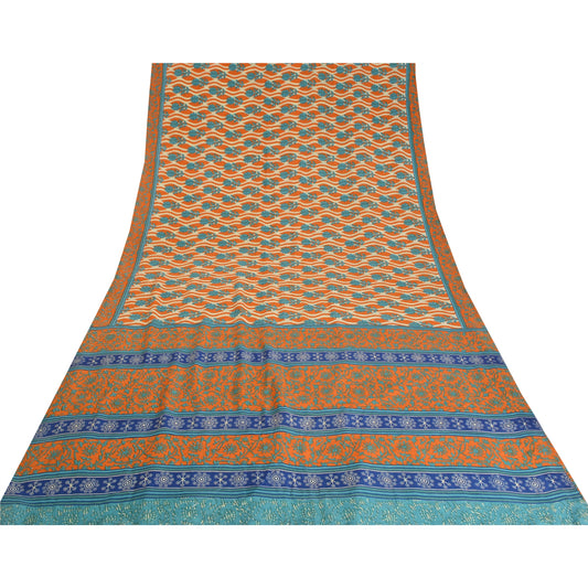 Sanskriti Vintage Sarees Orange/Blue Pure Crepe Silk Printed Sari Craft Sustainable Fabric