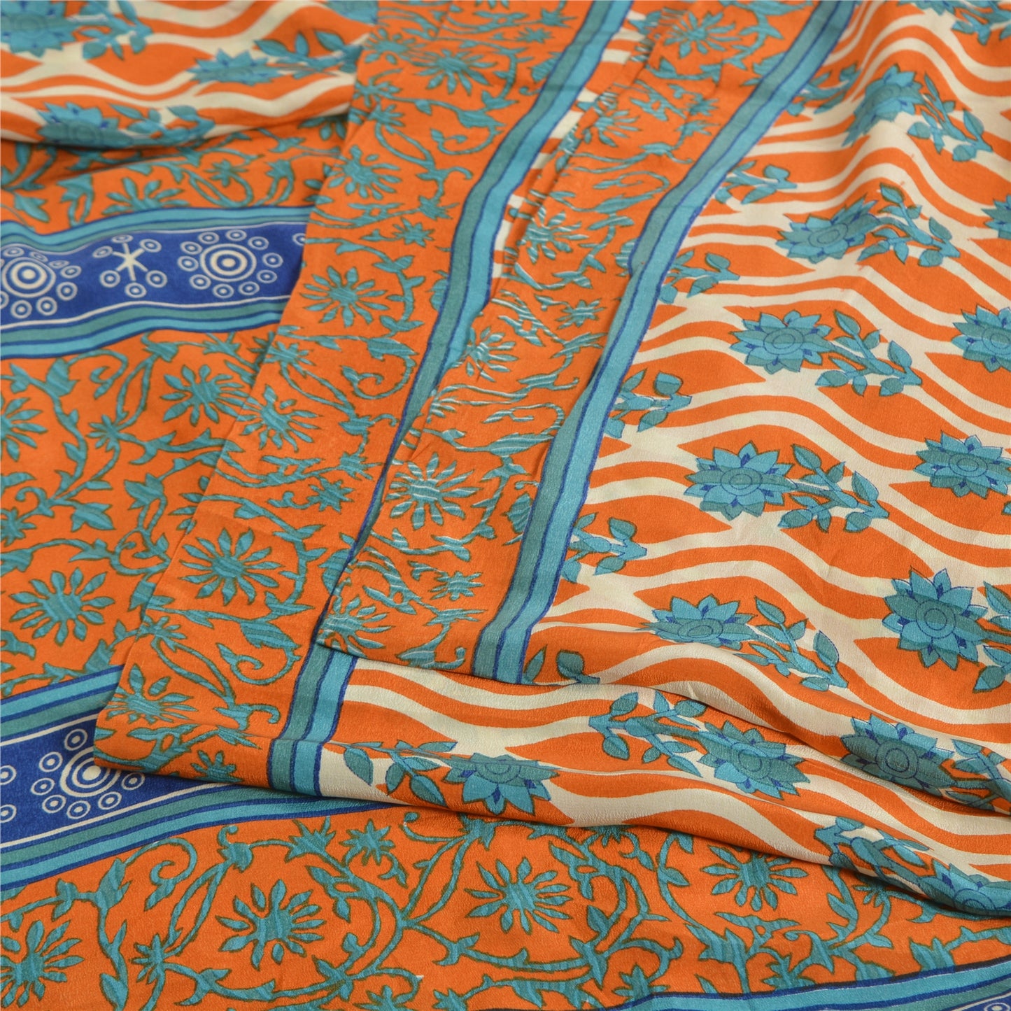 Sanskriti Vintage Sarees Orange/Blue Pure Crepe Silk Printed Sari Craft Sustainable Fabric