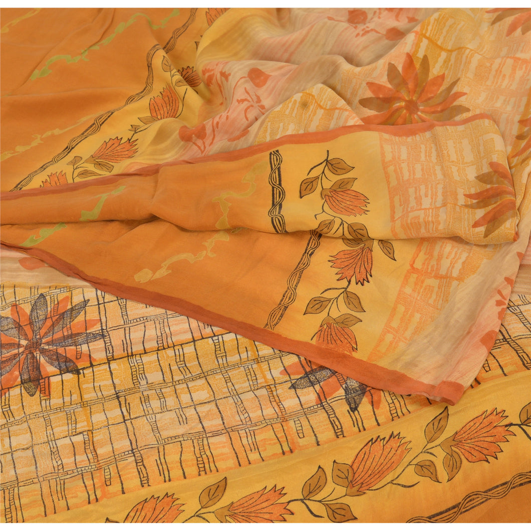 Sanskriti Vintage Printed 100% Pure Crepe Silk Saree Orange Dress Making Sari Craft Fabric