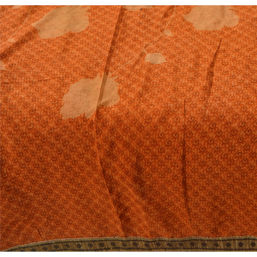 Vintage Orange Saree 100% Pure Crepe Silk Printed Fabric Dress Making Sari Craft
