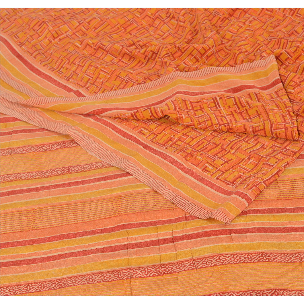 Orange Indian Saree Pure Crepe Silk Fabric Printed Sari Craft