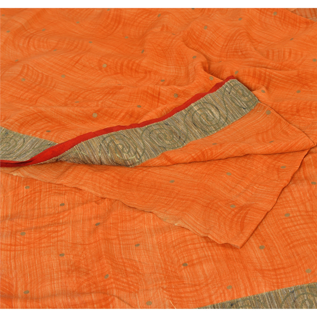 Orange Saree Printed 100% Pure Crepe Silk Sari Craft Fabric