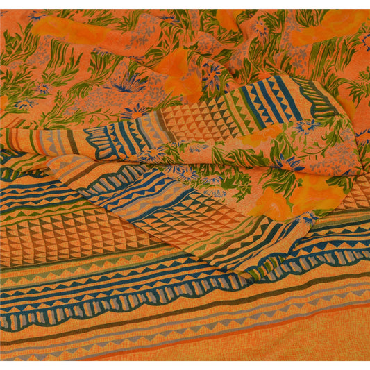 Sanskriti Vintage Orange Saree Pure Crepe Silk Printed Sustainable Fabric Dress Making Sari Craft