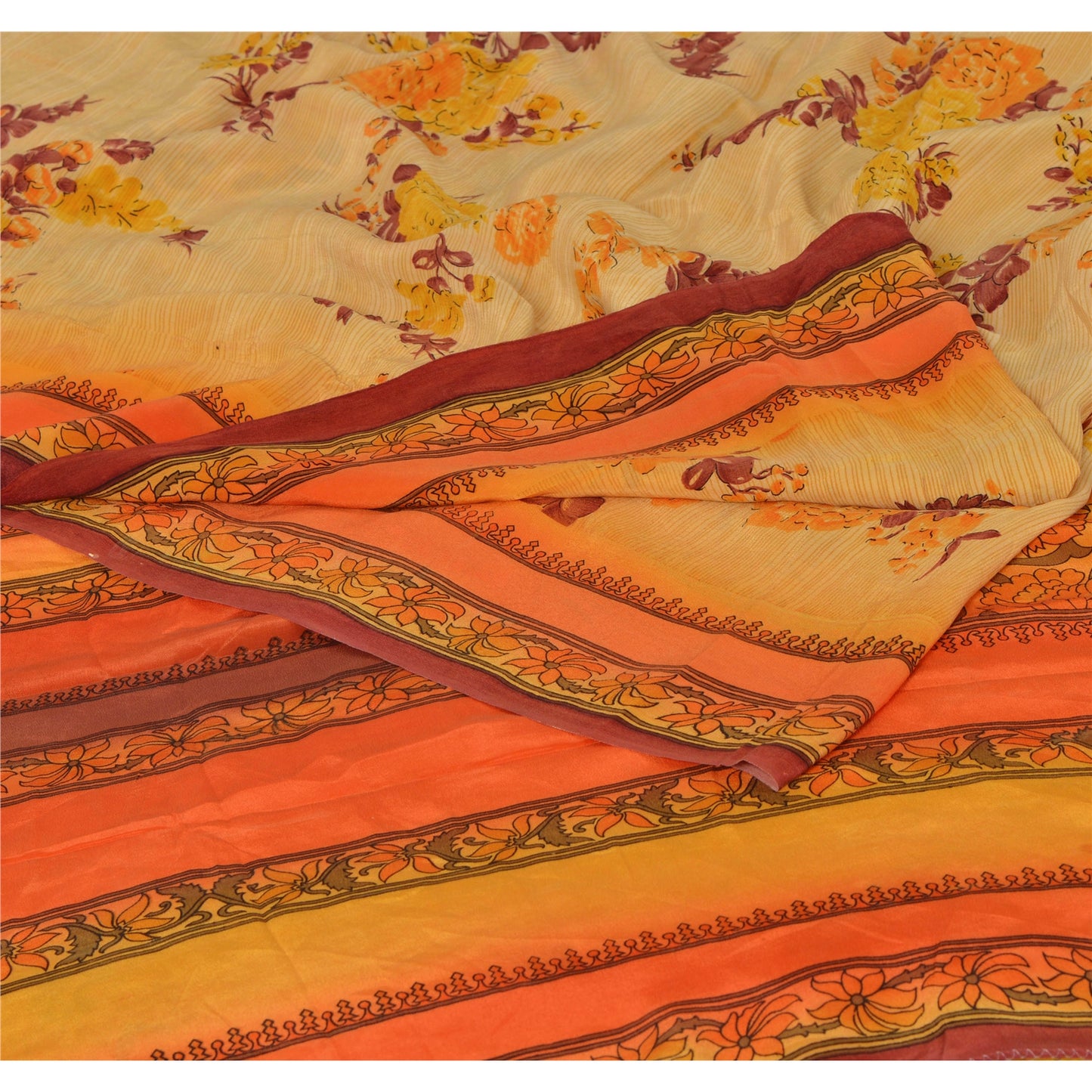 Сари из чистого крепированного шелка с принтом из экологически чистой ткани для пошива платьев на Санскрити, оранжевое винтажное сари