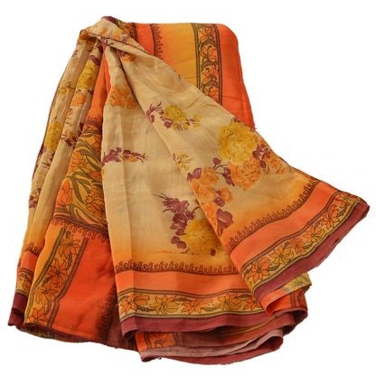 Сари из чистого крепированного шелка с принтом из экологически чистой ткани для пошива платьев на Санскрити, оранжевое винтажное сари