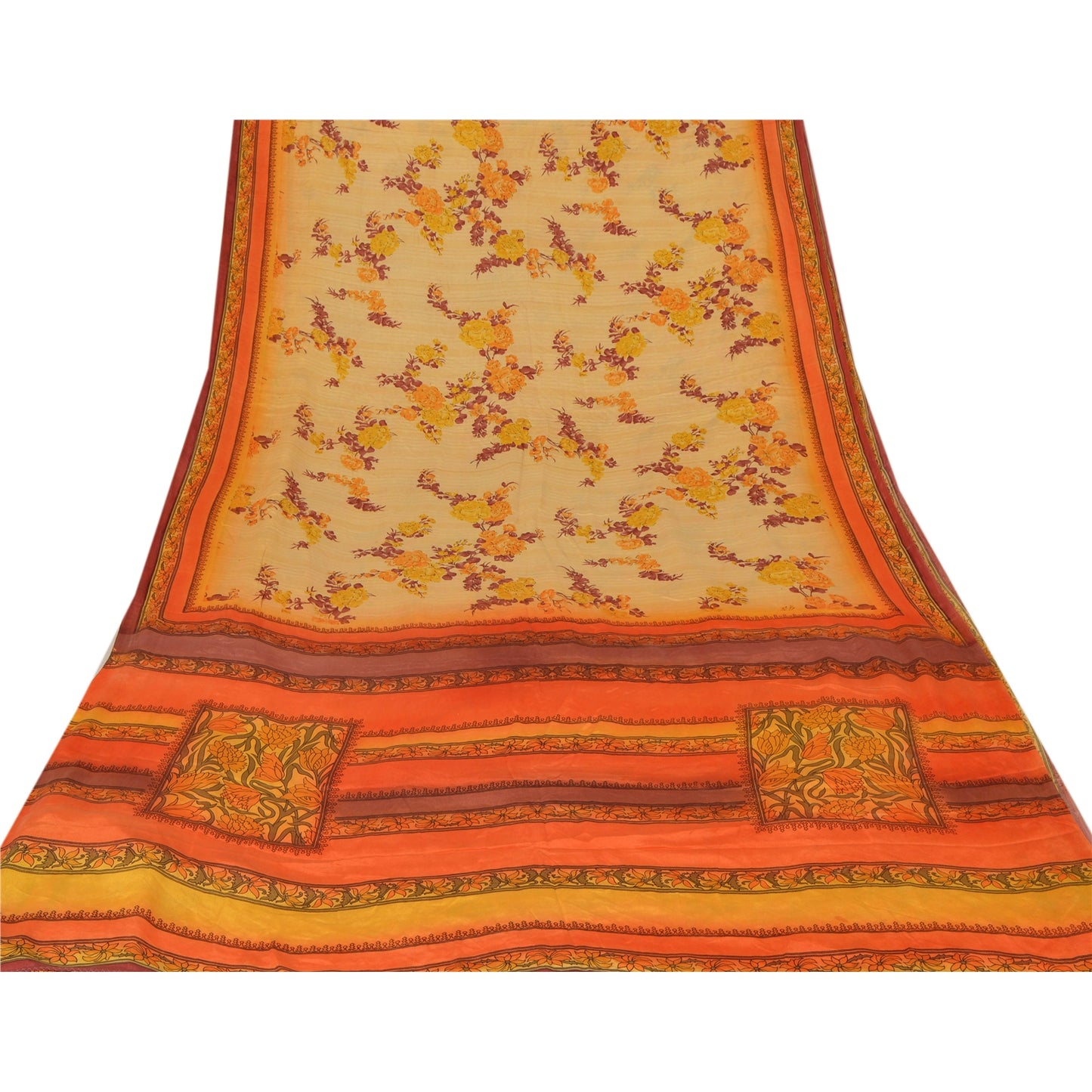 Сари из чистого крепированного шелка с принтом из экологически чистой ткани для пошива платьев на Санскрити, оранжевое винтажное сари