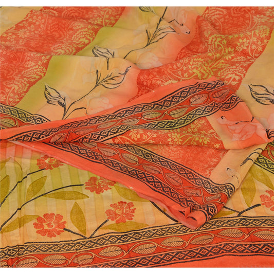 Sanskriti Vintage Orange Saree Pure Crepe Silk Printed Sari Craft 5 Yard Sustainable Fabric