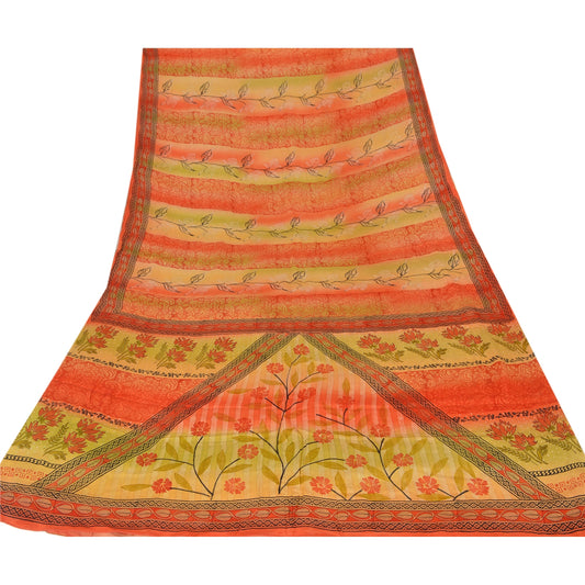 Sanskriti Vintage Orange Saree Pure Crepe Silk Printed Sari Craft 5 Yard Sustainable Fabric