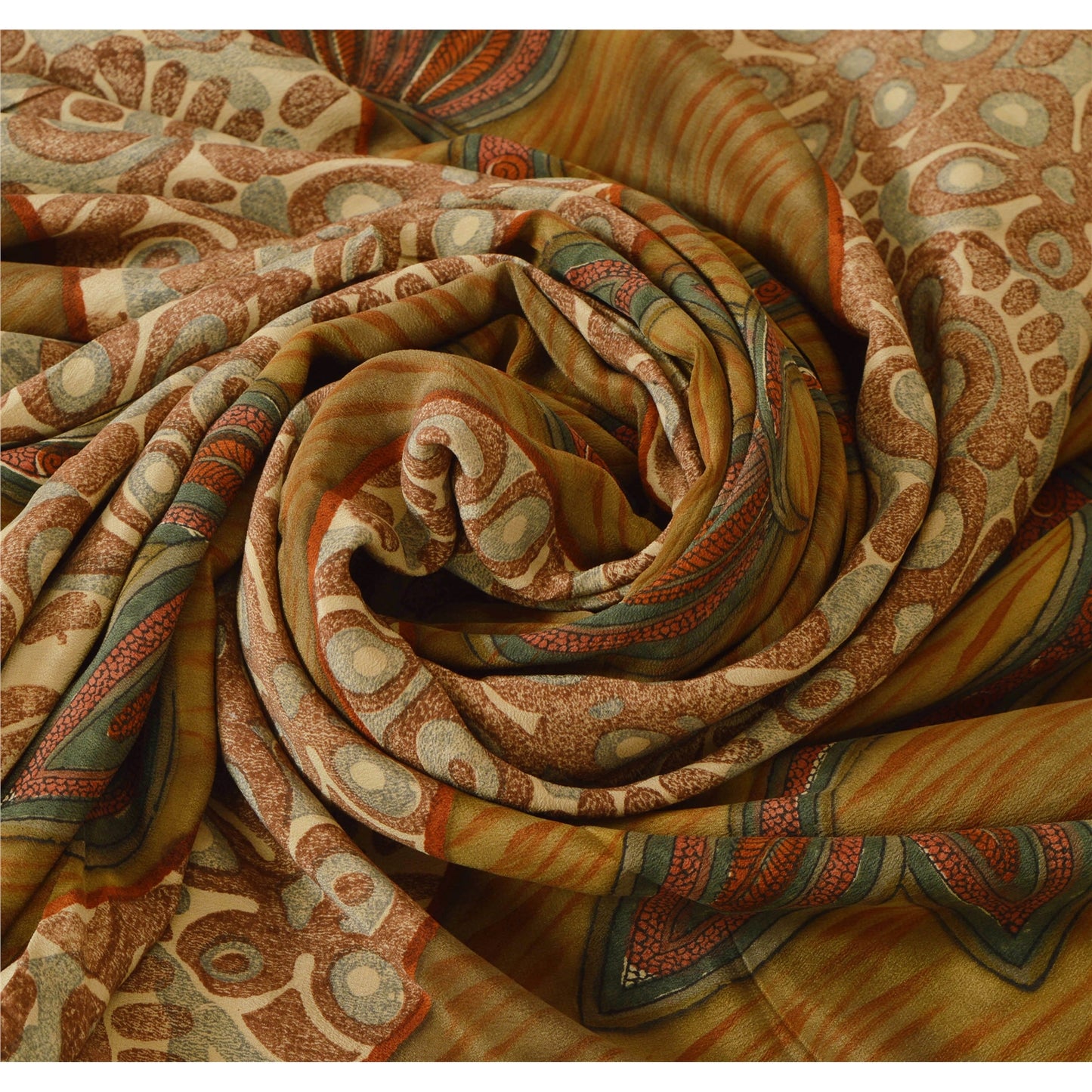 Sanskriti Vintage Brown Saree Pure Crepe Silk Printed Sari Craft 5 Yard Sustainable Fabric