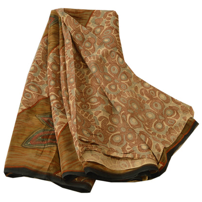 Sanskriti Vintage Brown Saree Pure Crepe Silk Printed Sari Craft 5 Yard Sustainable Fabric