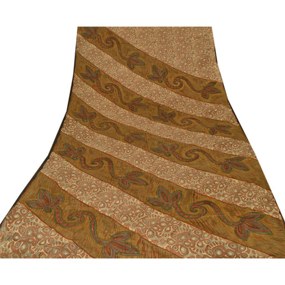 Sanskriti Vintage Brown Saree Pure Crepe Silk Printed Sari Craft 5 Yard Sustainable Fabric