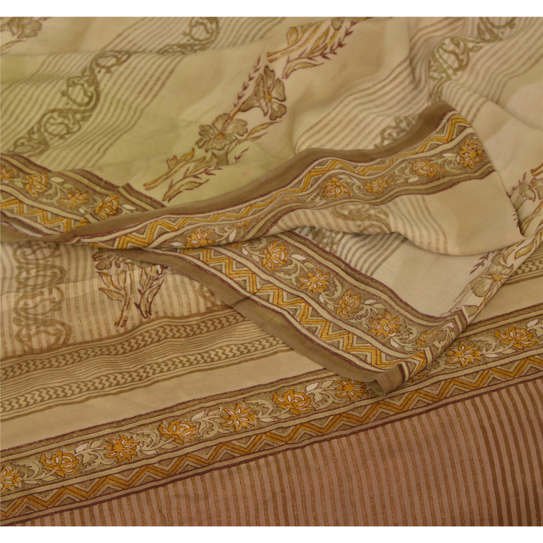 Cream Saree 100% Pure Crepe Silk Printed Sari 5Yd Craft Fabric