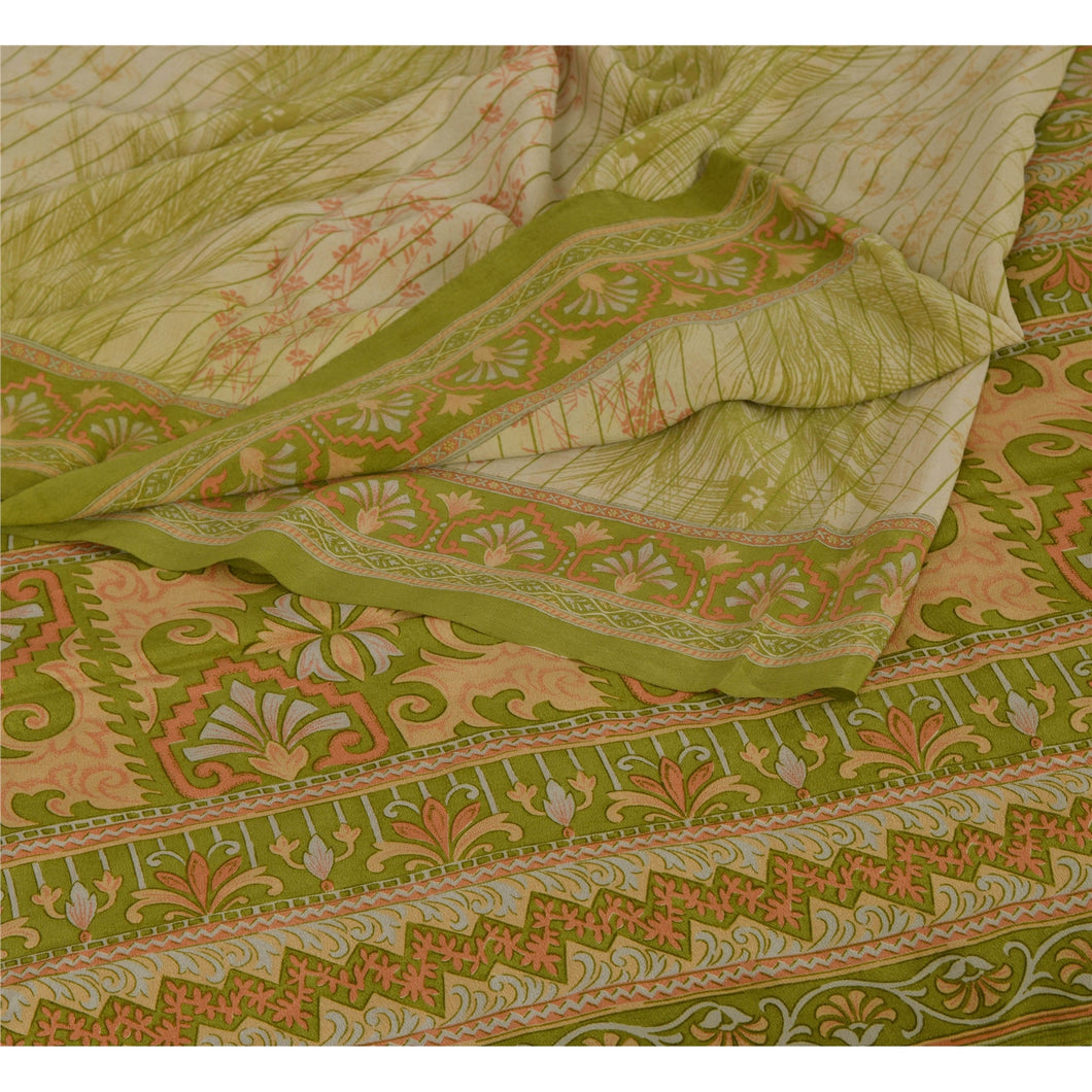 Sanskriti Vinatage Green Saree Pure Crepe Silk Printed Sari 5 Yd Craft Fabric