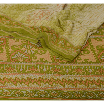 Sanskriti Vintage Green Saree Pure Crepe Silk Printed Sari 5 Yd Craft Sustainable Fabric