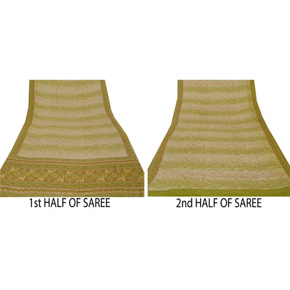 Sanskriti Vintage Green Saree Pure Crepe Silk Printed Sari 5 Yd Craft Sustainable Fabric