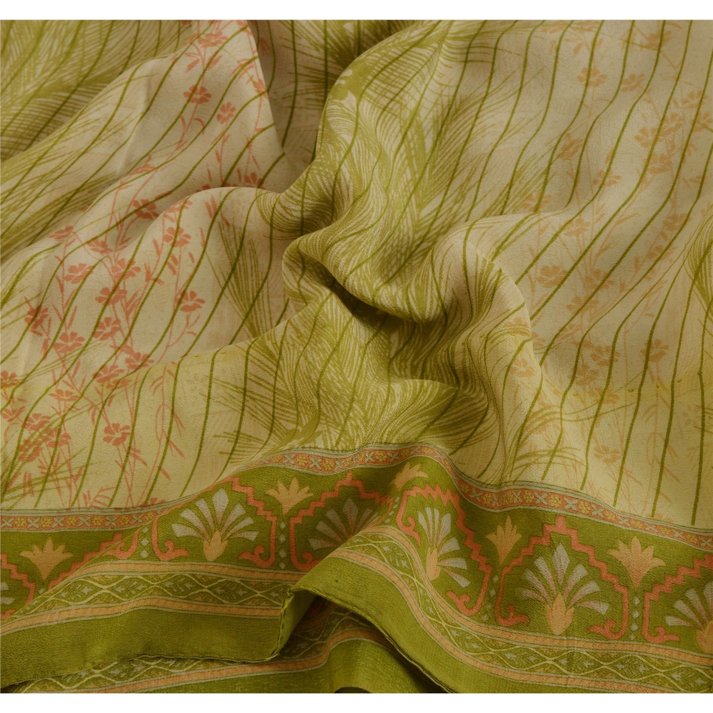 Sanskriti Vintage Green Saree Pure Crepe Silk Printed Sari 5 Yd Craft Sustainable Fabric