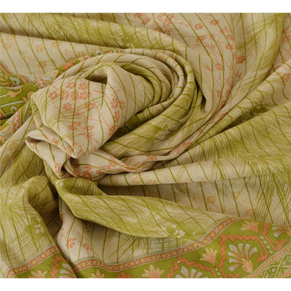 Sanskriti Vintage Green Saree Pure Crepe Silk Printed Sari 5 Yd Craft Sustainable Fabric