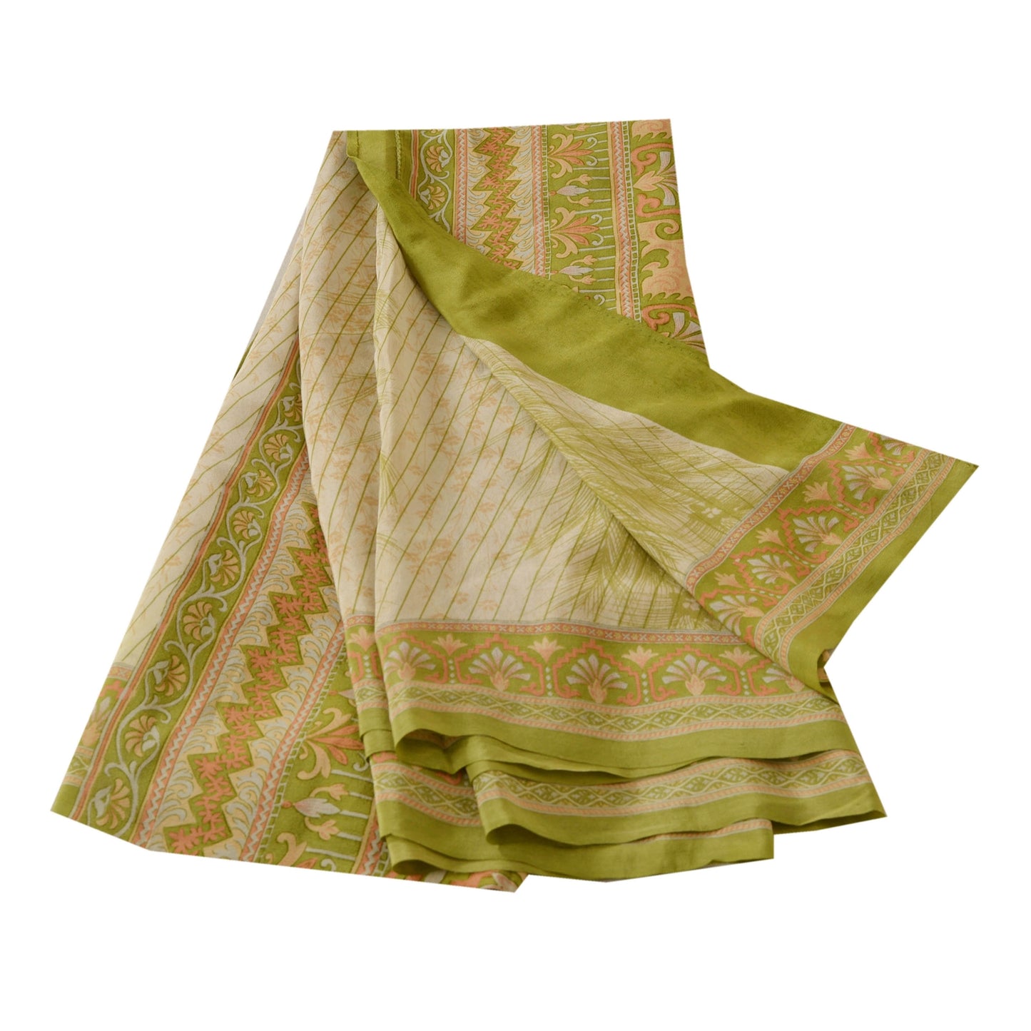 Sanskriti Vintage Green Saree Pure Crepe Silk Printed Sari 5 Yd Craft Sustainable Fabric
