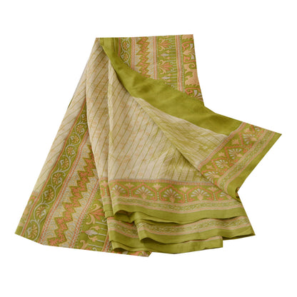 Sanskriti Vintage Green Saree Pure Crepe Silk Printed Sari 5 Yd Craft Sustainable Fabric