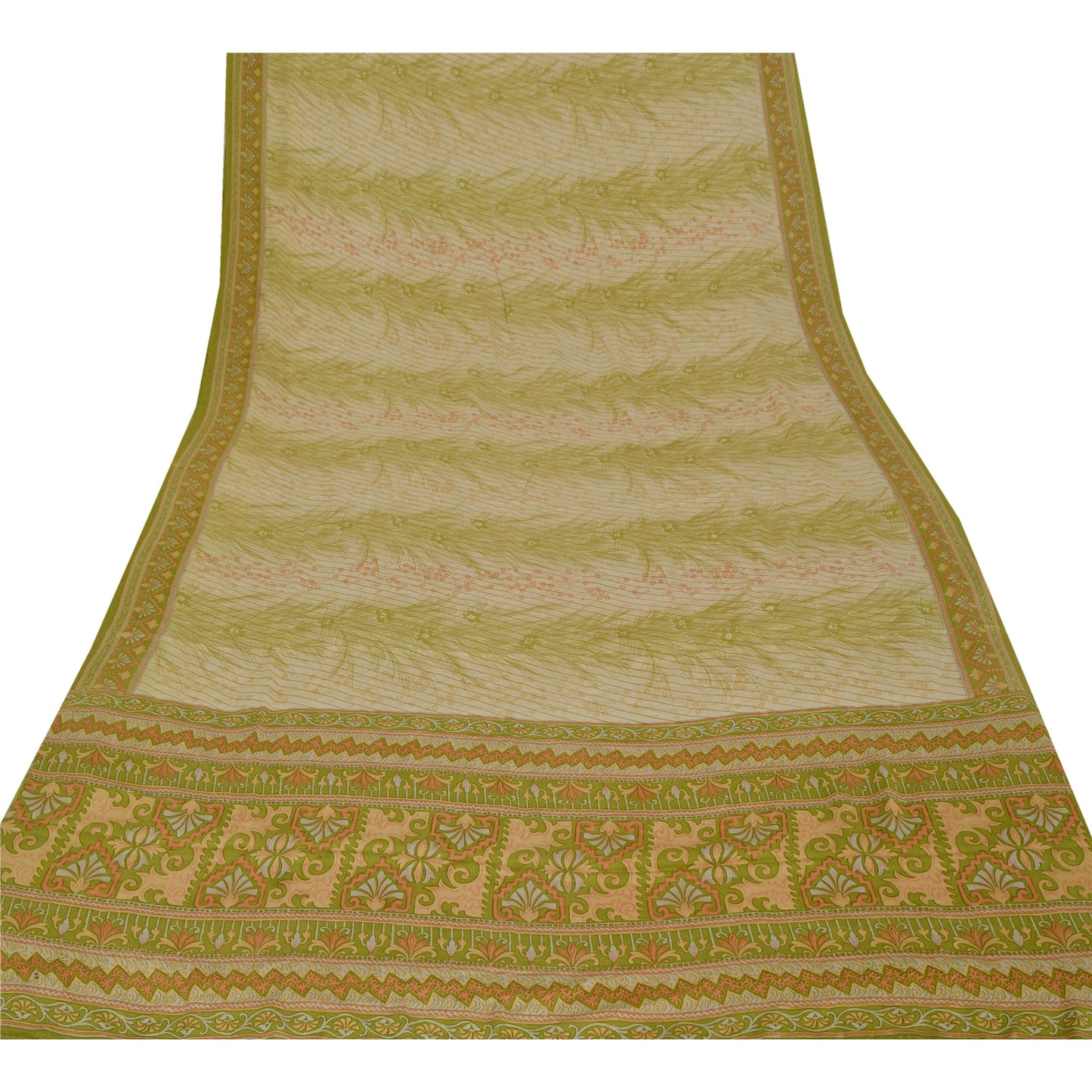 Sanskriti Vintage Green Saree Pure Crepe Silk Printed Sari 5 Yd Craft Sustainable Fabric